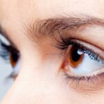 Close-up of model's brown eyes as she looks up